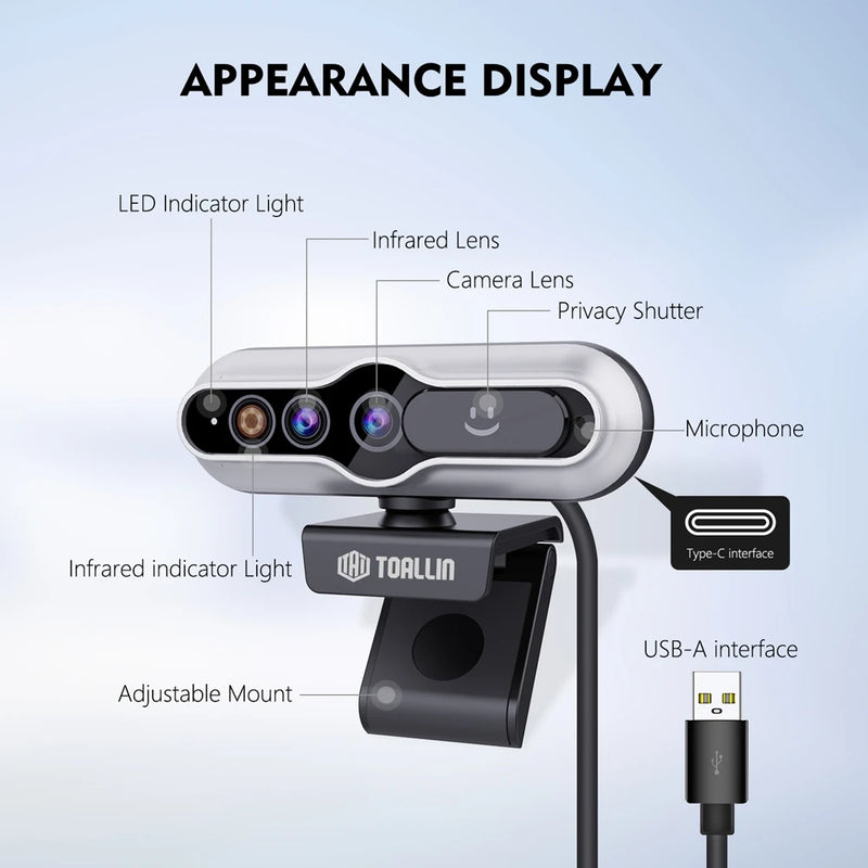 TOALLIN Mini câmera webcam 2k reconhecimento facial com capa de privacidade suporte para monitor