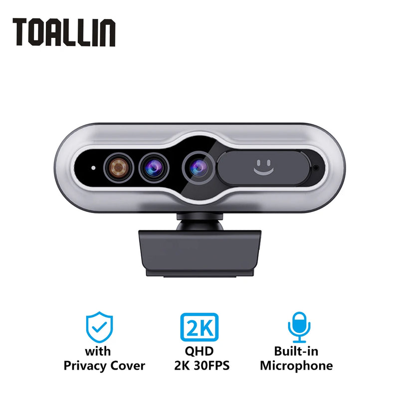 TOALLIN Mini câmera webcam 2k reconhecimento facial com capa de privacidade suporte para monitor