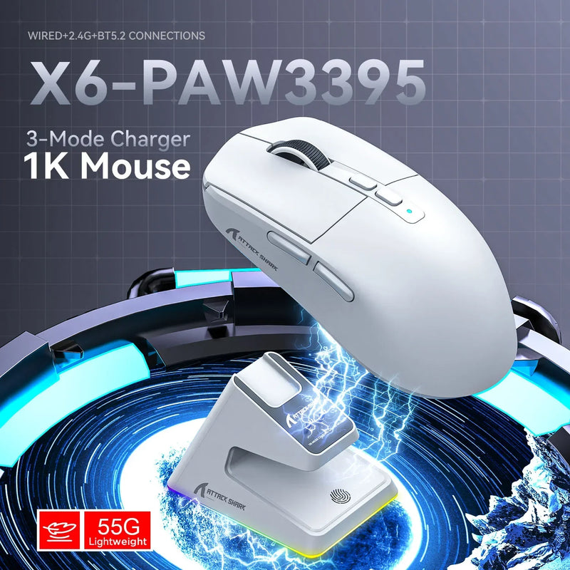 Attack Shark X6 PAW3395 2.4G sem fio bluetooth/wireless RGB Touch doca de carregamento magnético 26000 DPI