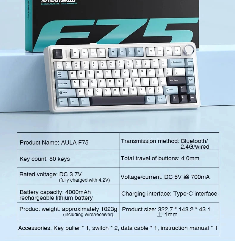 AULA F75 Teclado mecânico wireless eixo reaper, Hot-swap, Layout 75%