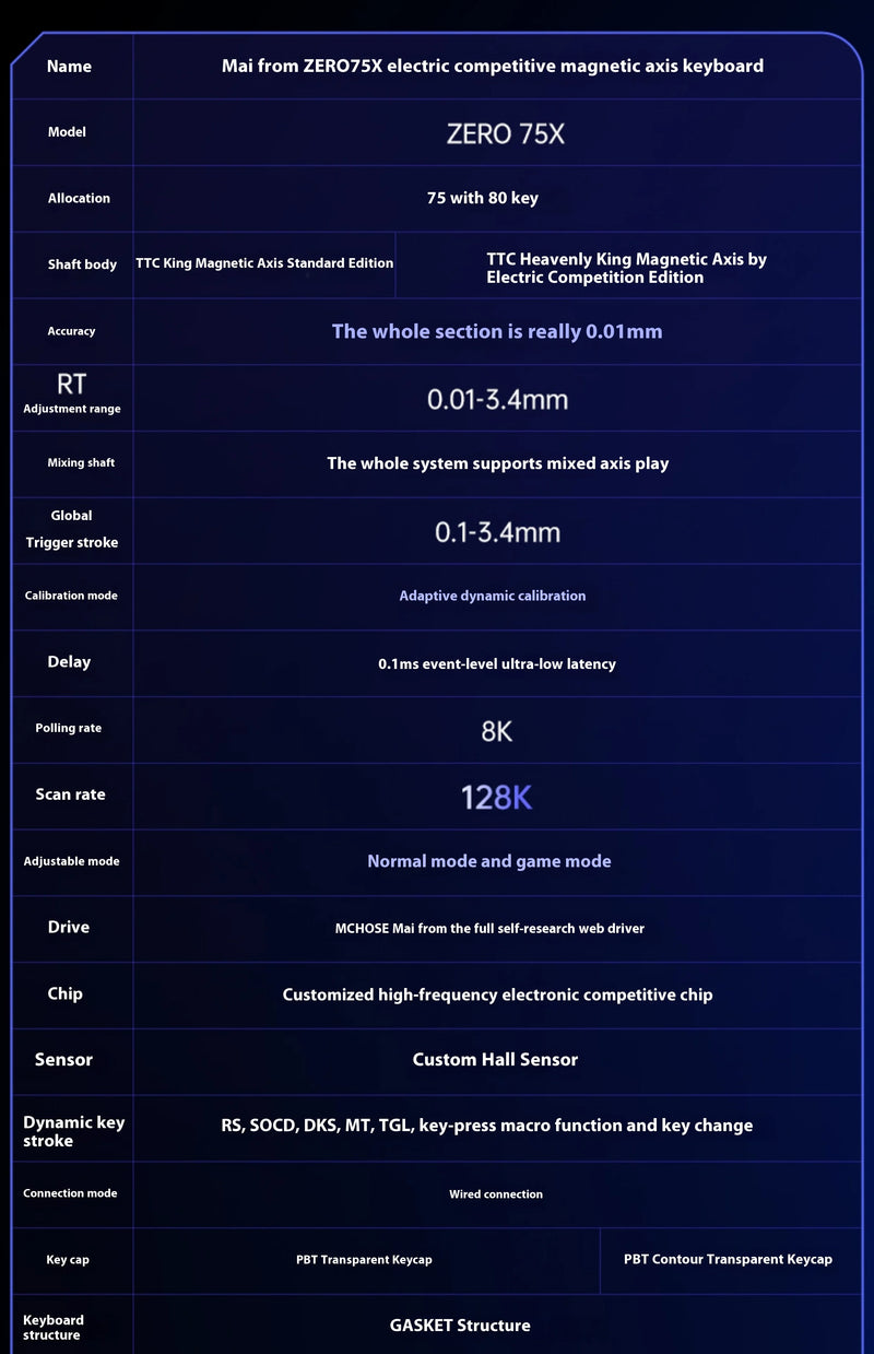 MCHOSE ZERO 75X Teclado mecânico com switch magnético, polling rate 8000Hz, 0.1ms