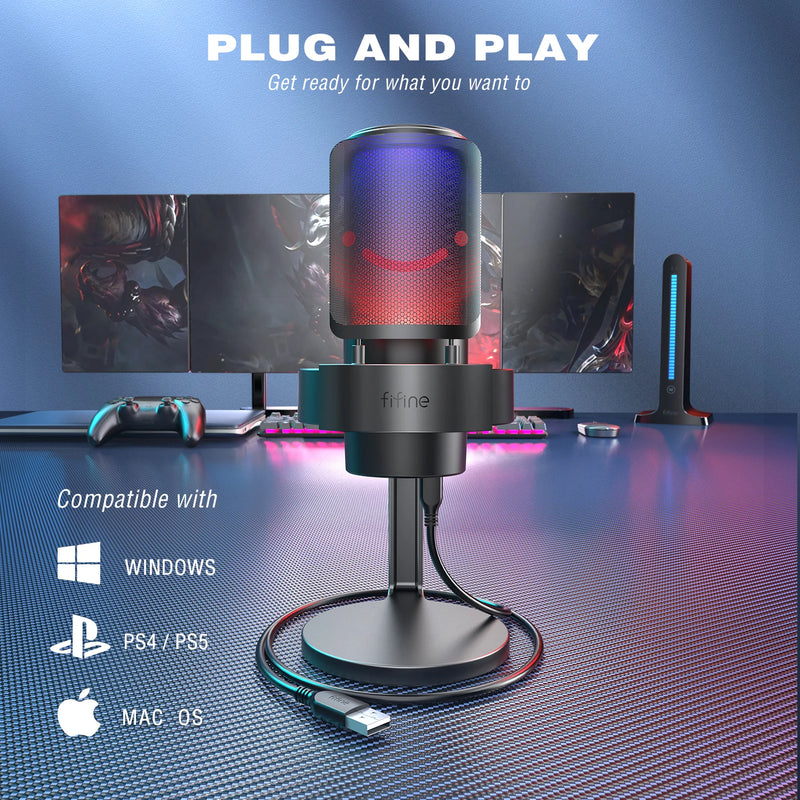 FIFINE Microfone RGB com conexão USB e botão Touch-Mute