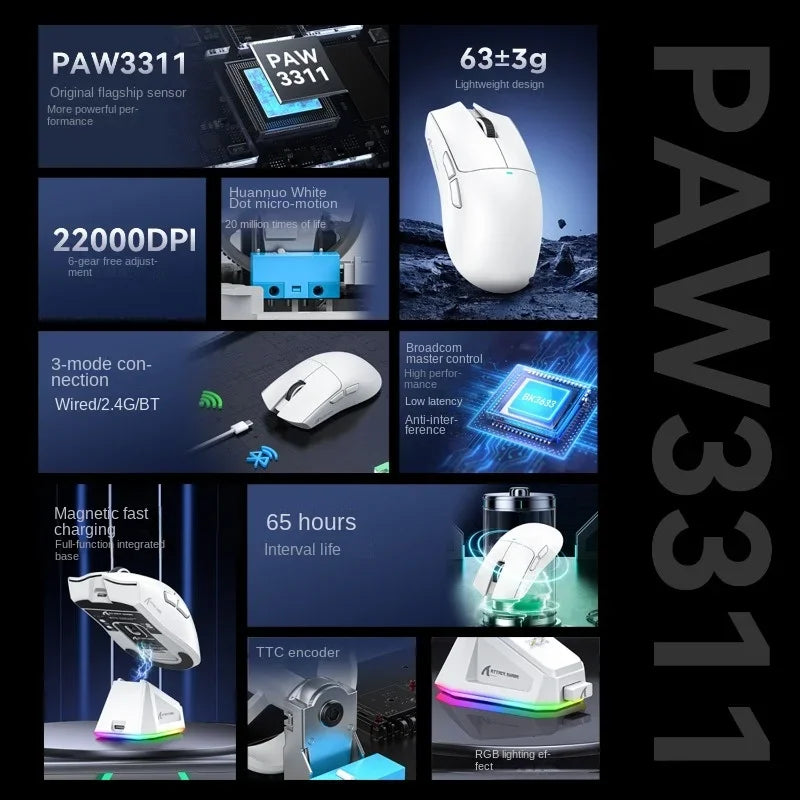 Attack Shark x11 PAW3311 22000 DPI bluetooth/wireless, doca de carregamento magnética