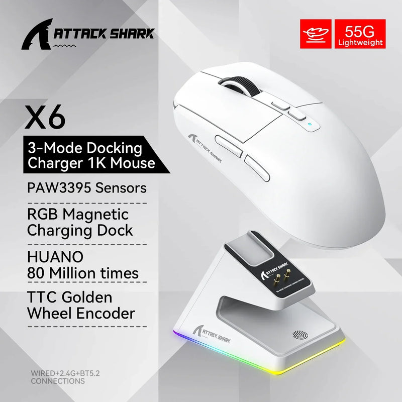 Attack Shark X6 PAW3395 2.4G sem fio bluetooth/wireless RGB Touch doca de carregamento magnético 26000 DPI