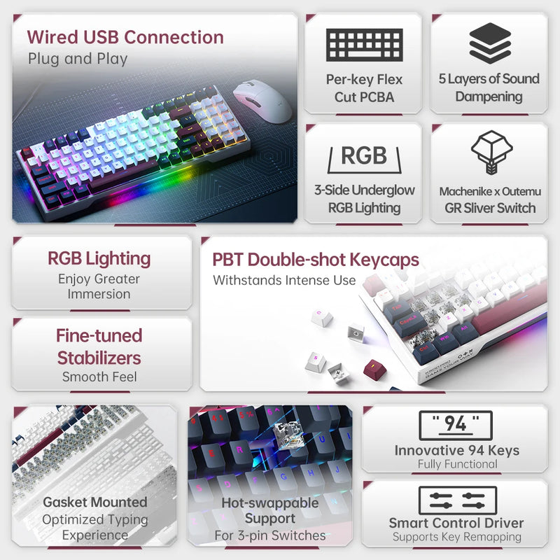 Machenike K500 PRO teclado mecânico com fio, hot-swappable, RGB switch silver linear