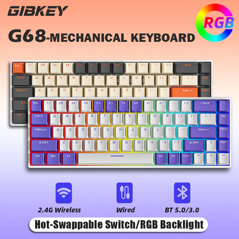 GIBKEY G68 Teclado mecânico sem fio bluetooth/wireless, 68 teclas RGB