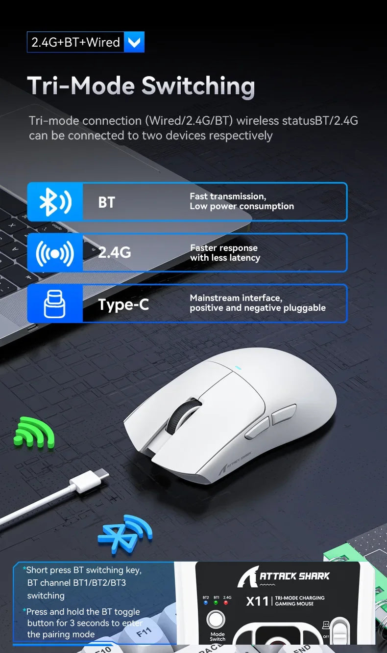 Attack Shark x11 PAW3311 22000 DPI bluetooth/wireless, doca de carregamento magnética