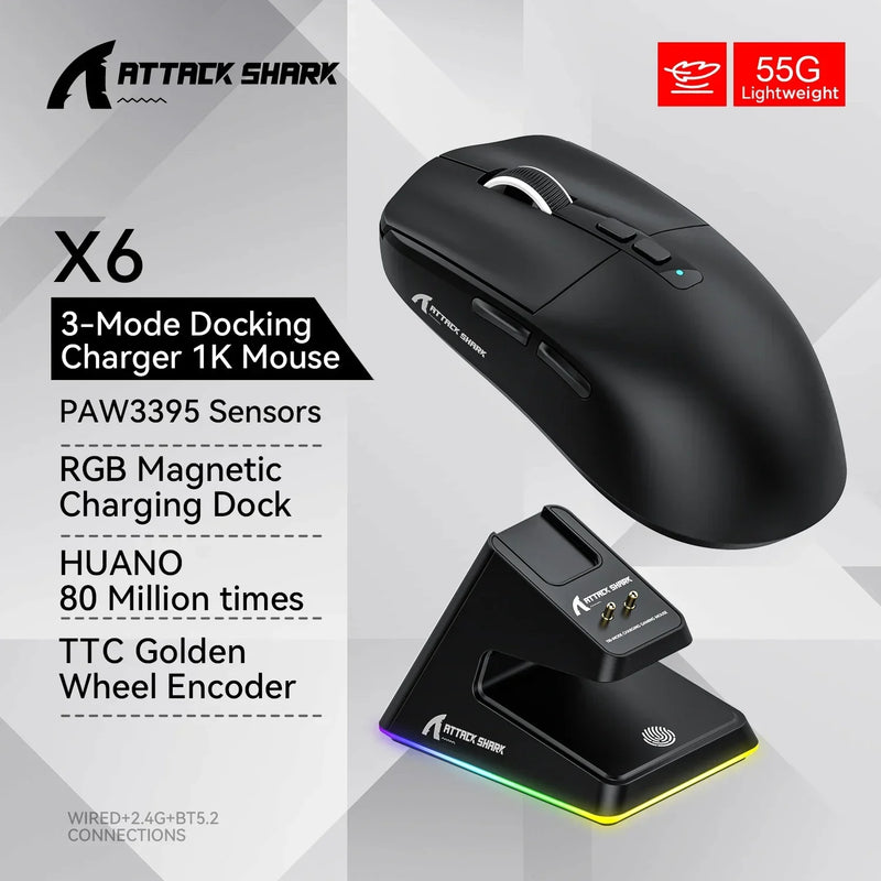 Attack Shark X6 PAW3395 2.4G sem fio bluetooth/wireless RGB Touch doca de carregamento magnético 26000 DPI