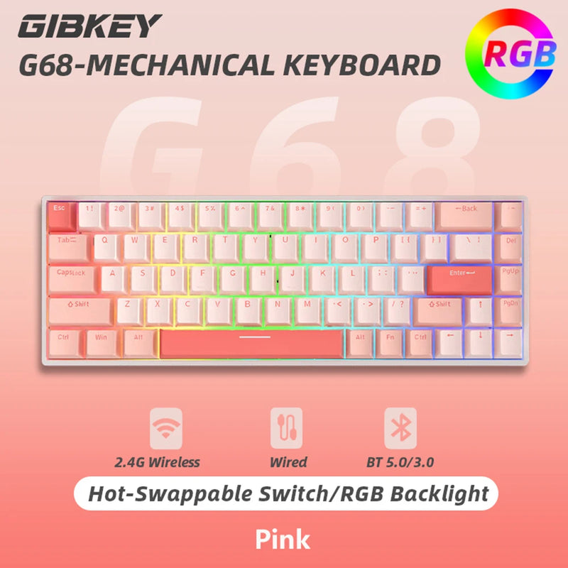 GIBKEY G68 Teclado mecânico sem fio bluetooth/wireless, 68 teclas RGB