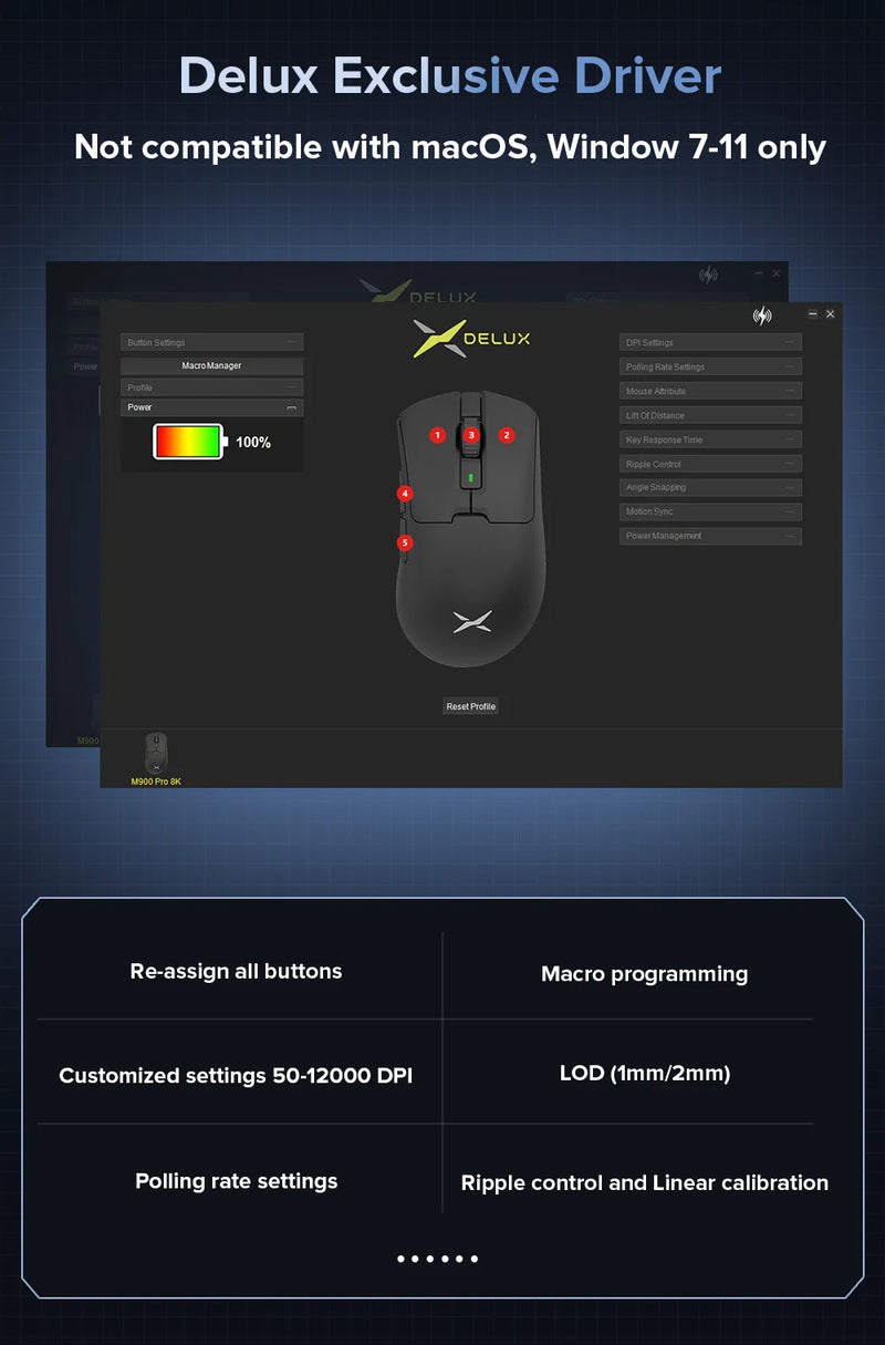 Delux-M900 sem fio PAW3311 12000 DPI, ergonômico 63g, doca de carregamento magnética RGB