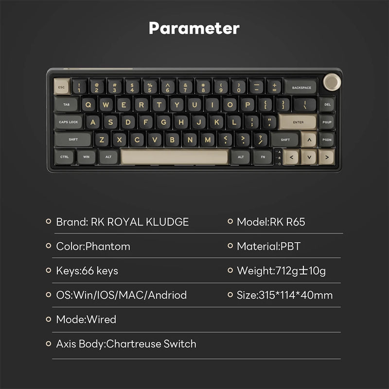 Royal Kludge RK R65 Teclado mecânico português com fio Hot-swappable formato 65% RGB