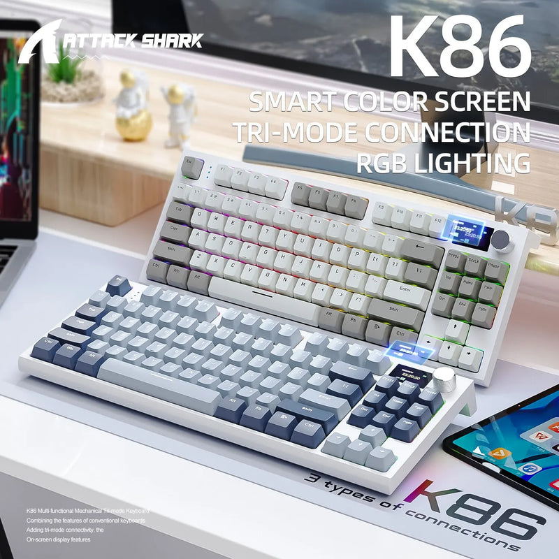 K86 Teclado Mecânico Hot-Swappable sem fio bluetooth/wireless switch blue com tela de exibição e botão rotativo de volume