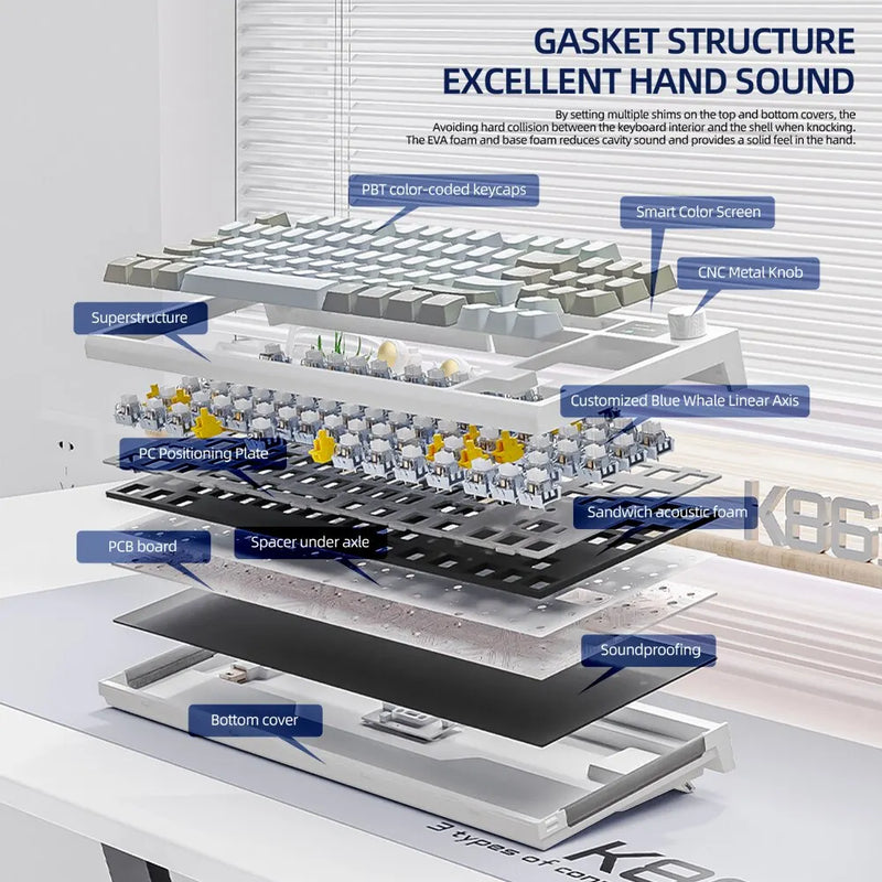 K86 Teclado Mecânico Hot-Swappable sem fio bluetooth/wireless switch blue com tela de exibição e botão rotativo de volume