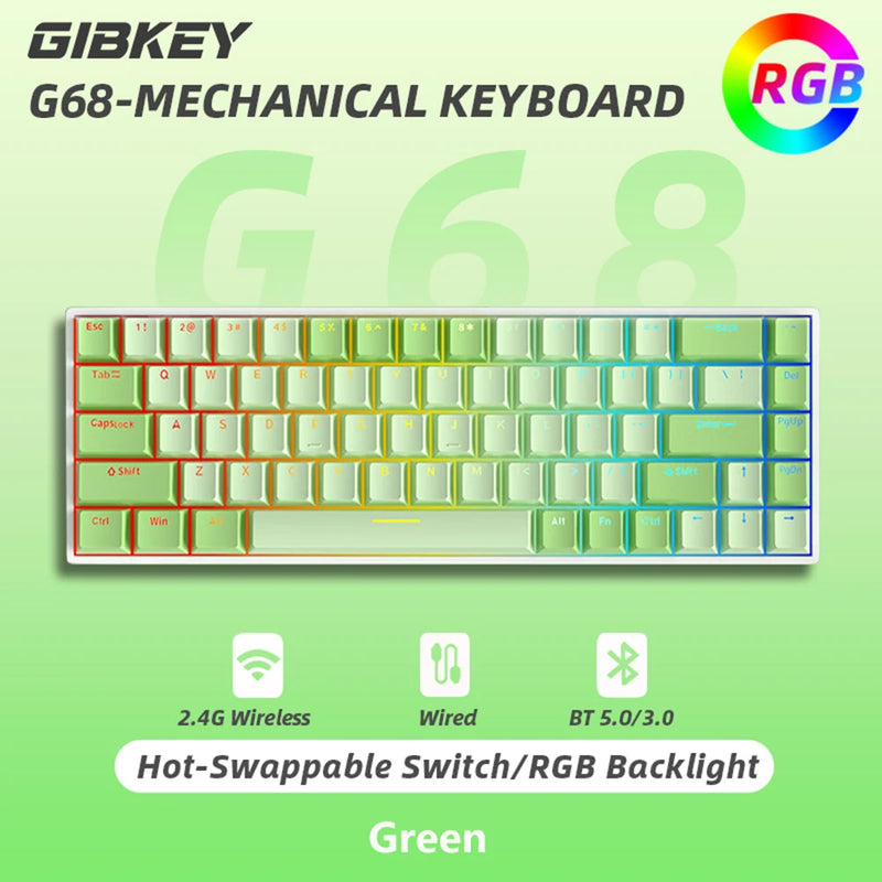 GIBKEY G68 Teclado mecânico sem fio bluetooth/wireless, 68 teclas RGB