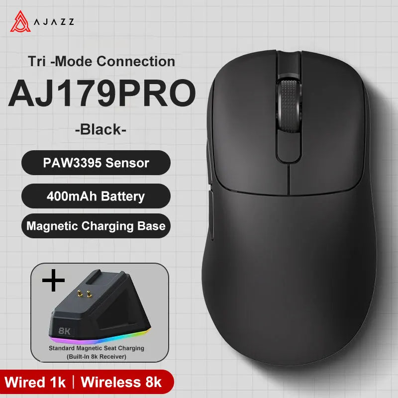 Mouse sem fio AJAZZ, Mouse ergonômico, macro gaming Base de carregamento magnética AJ179 PRO PAW3395